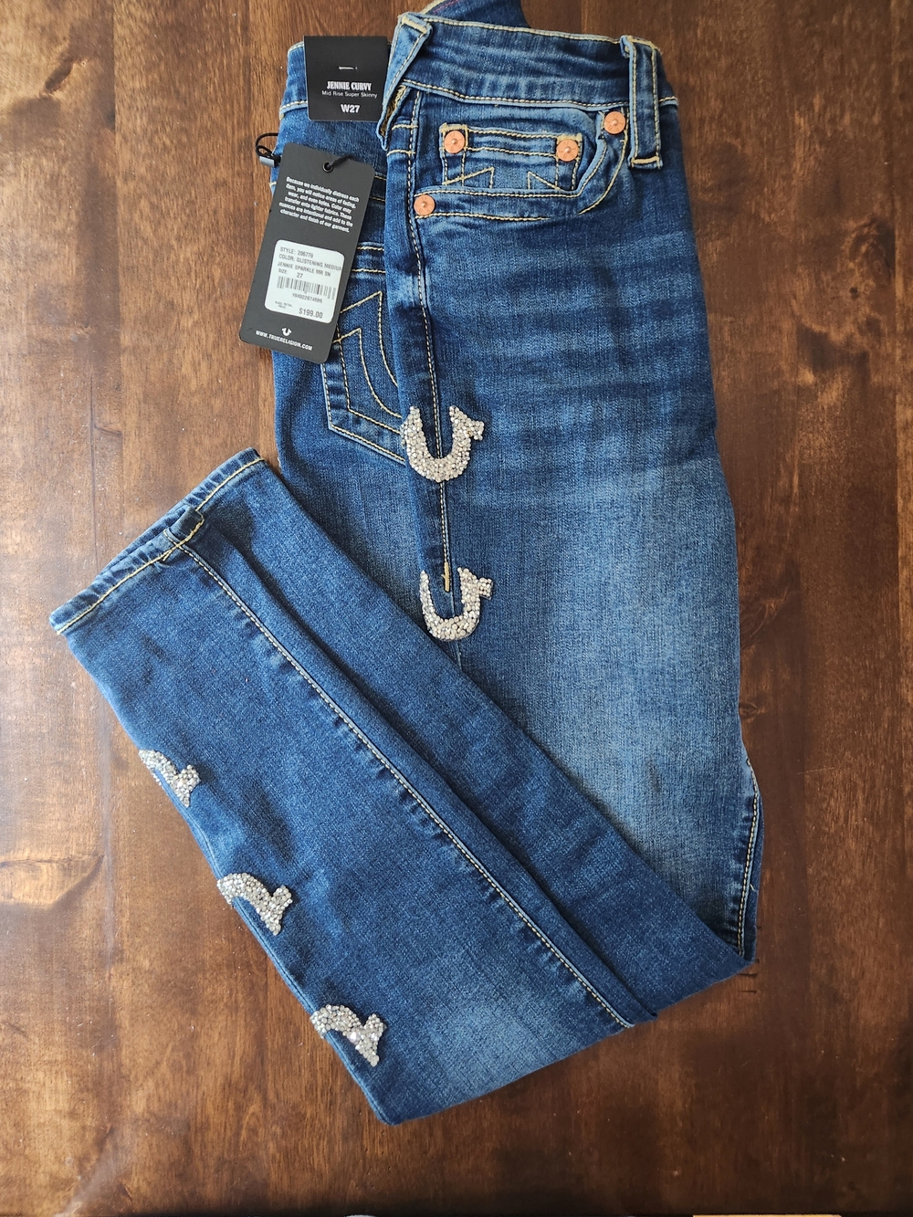 True Religion Women's Dark Blue Skinny Jeans with Rhinestone Horseshoes
